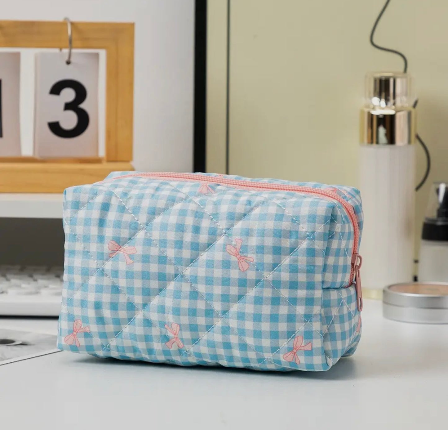 Blue Gingham W/ Pink Bows Makeup Bag