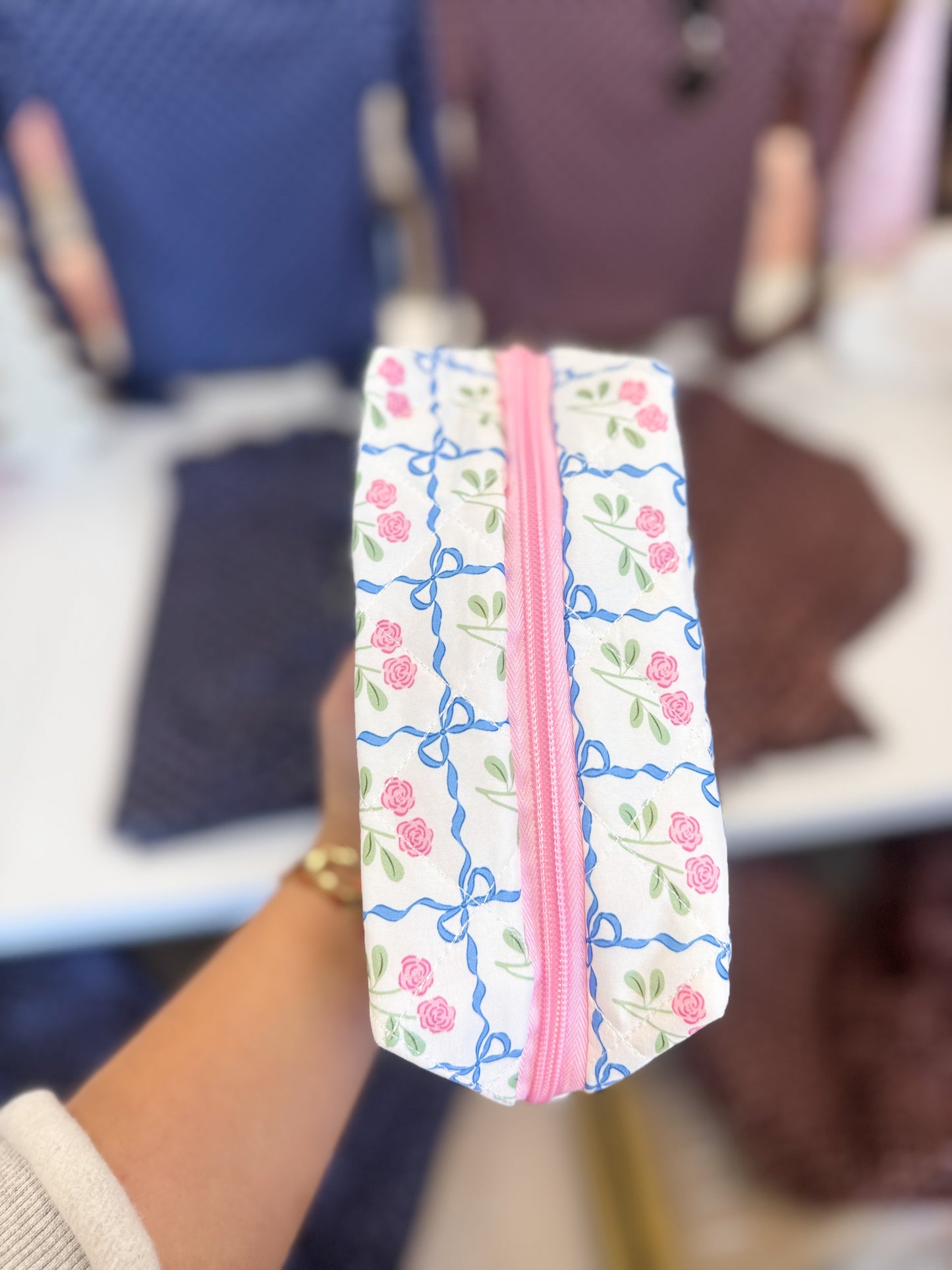 Blue Bow W/ Flowers Makeup Bag