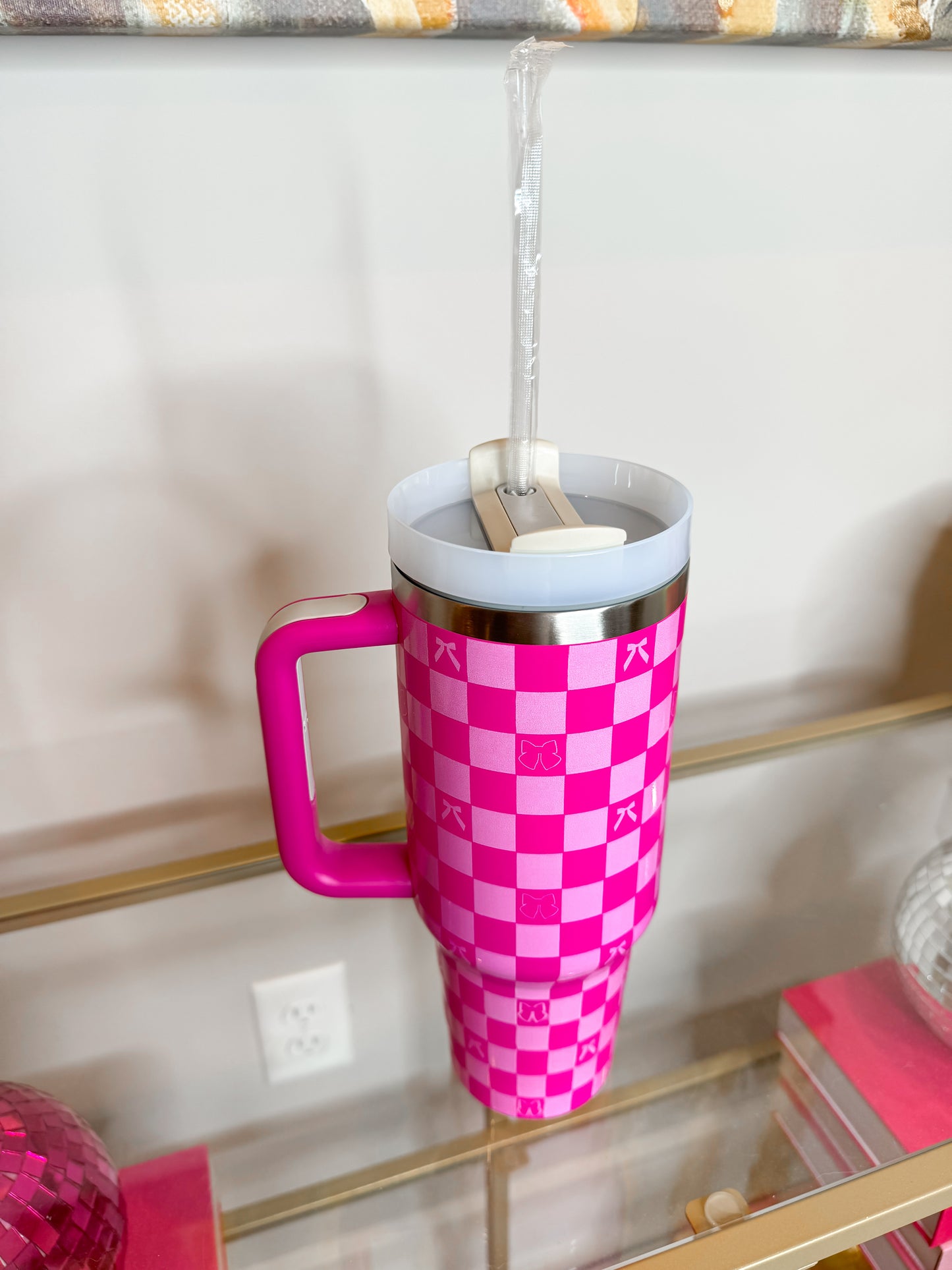 Hot Pink Checkered Bow 40 oz Tumbler