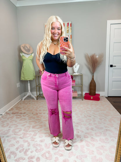 Distressed Cropped Flares- Hot Pink