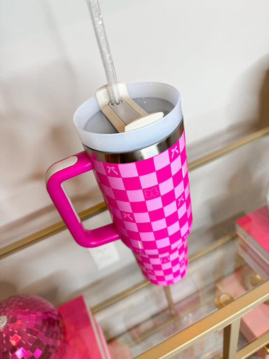 Hot Pink Checkered Bow 40 oz Tumbler