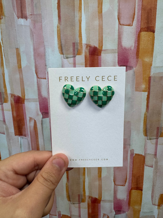 FC Multi Green Checkered Heart Studs