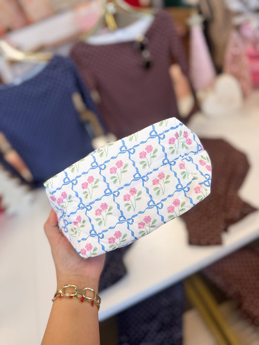 Blue Bow W/ Flowers Makeup Bag
