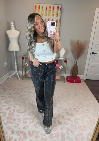 Rhinestone High Rise Black Jeans