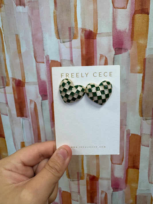 FC Dark Green Checkered Heart Studs