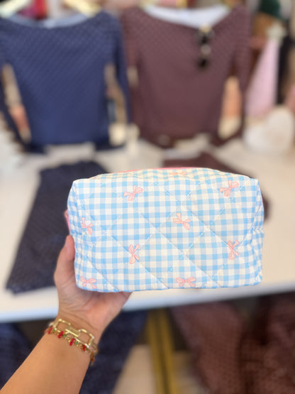 Blue Gingham W/ Pink Bows Makeup Bag