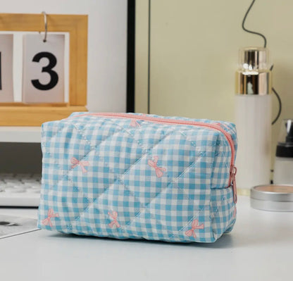 Blue Gingham W/ Pink Bows Makeup Bag