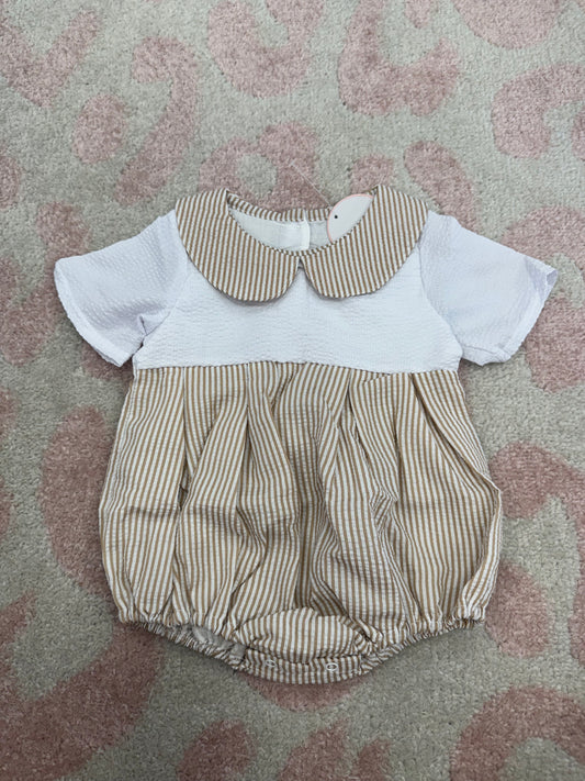Khaki Seersucker Stripe Bubble- Boy