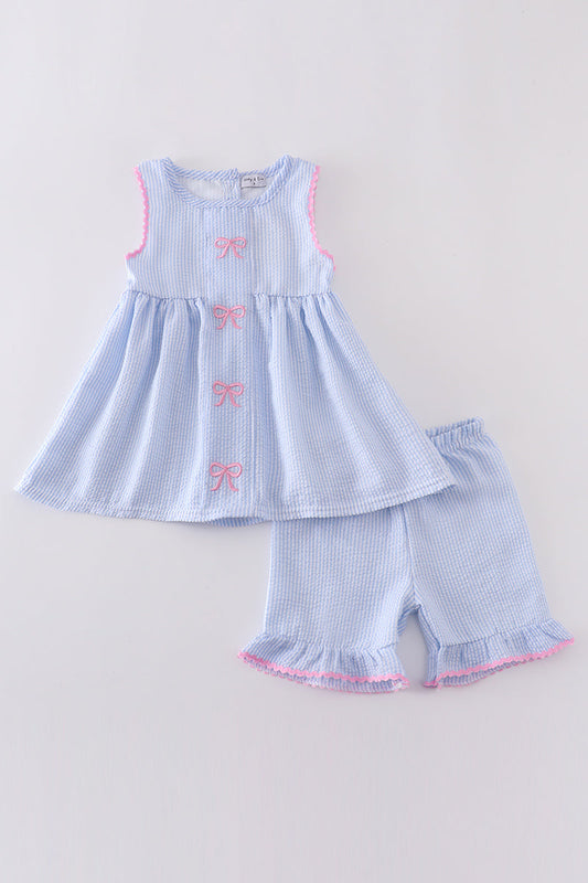 Blue Bow Seersucker Set- Girl