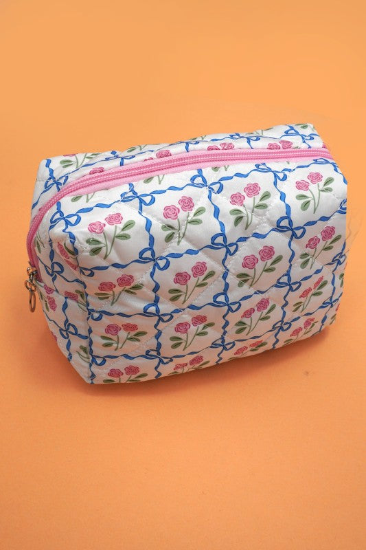 Blue Bow W/ Flowers Makeup Bag